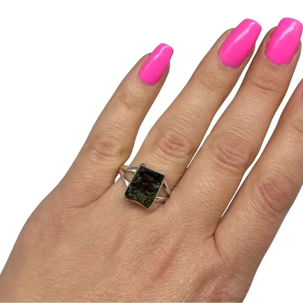 Moldavite Ring Size 9 Solid 925 Sterling Silver Raw Rough Stone Genuine Natural - Picture 2 of 8